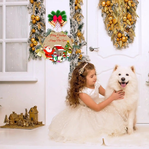 Girl with dog next to Christmas-themed door, decorated with Ten Pack 10 Inch Aluminum Sublimation Door Hanger Blanks ornament.