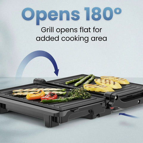 Chefman Indoor Grill Panini Press With Stainless Steel Finish And Nonstick Plates. Opens flat at 180 degrees for grilling vegetables.