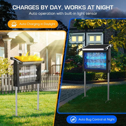 Cordless Solar Bug Zapper With USB Recharge No Fuss 4500V High Power Mosquito Killer installed in garden, day and night view