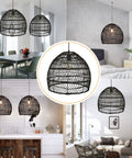 13.75-Inch Rattan Woven Pendant Light With Shades Boho Style Flush Mount Chandelier in various room settings
