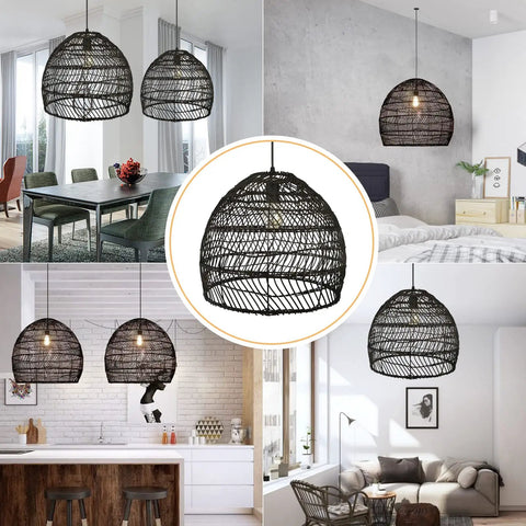 13.75-Inch Rattan Woven Pendant Light With Shades Boho Style Flush Mount Chandelier in various room settings