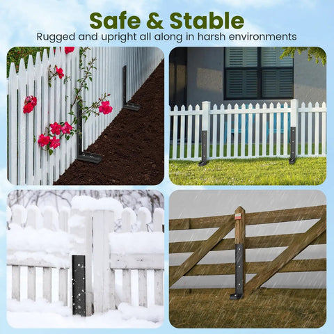 Fence Post Repair Kit For Wood Posts, Heavy Duty Steel Ground Spike With Adjustable Angle installed on wooden fences in garden and snowy environments, showing rust resistant anchor system in use.