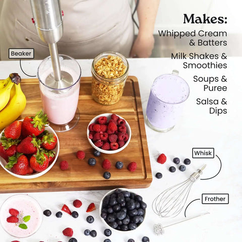 Heavy Duty 4 In 1 Immersion Blender With Whisk And Milk Frother 800W Hand Mixer 12 Speed Turbo preparing smoothies and soups.