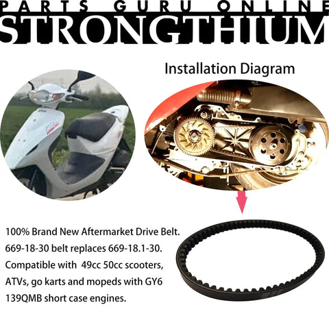 Three Pack 669-18-30 CVT Drive Belt For GY6 139QMB Short Case Scooters with installation diagram