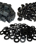 Straight Up Top Shelf 50 Pack 12-24 Slide On Cage Nuts And Screws With Washers For Rack Mounts Easy No Sweat Setup Black Oxide Hardened Steel Construction USA Built Kit with cage nuts, screws, and washers.