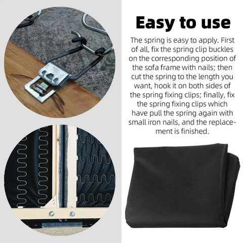 Top Shelf Couch Spring Repair Kit Straight Up With No Sag Coils Premium metal spring clips attached to sofa frame.
