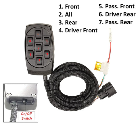 Straight Bolt On Air Ride Suspension Kit For 1965-70 Chevy Impala Featuring Fast Fill Dual Chrome 480 Compressors and 3/8 Inch Manifold Valve Setup showing black controller with on/off switch and wires.