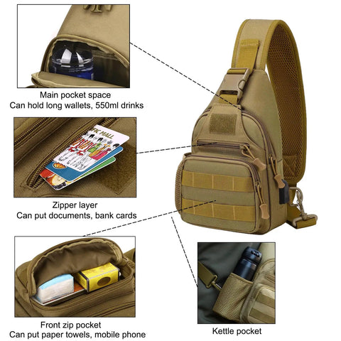 Rugged Tactical Crossbody Bag For Men With Water Bottle Holder MOLLE EDC Sling Pack With USB Charging Port For Travel Commute And Everyday Carry Black showing compartments