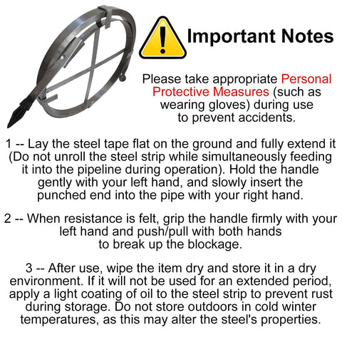 Heavy Duty Flat Steel Snake Tool and Rugged Manganese Steel Drain Auger showing usage instructions and safety precautions.