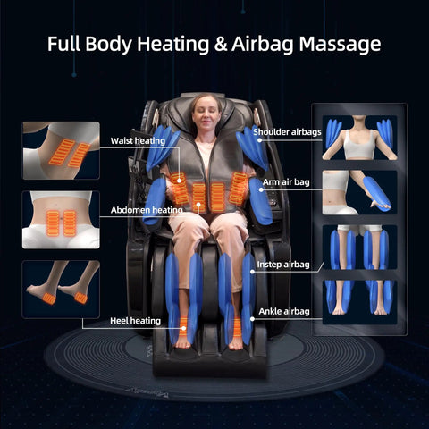 Woman using 57-Inch SL-Track 4D Massage Chair With Full Body Zero Gravity Recliner Shiatsu Heat AI Voice Control Foot Roller and 3 Zone Heating