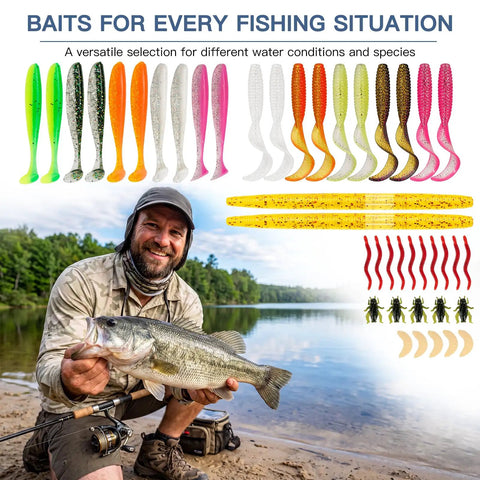 All In One Freshwater Fishing Lure Kit With Tackle Box Included Crankbaits Soft Plastic Baits Poppers Minnows Hooks Weights And Accessories For Bass Trout Walleye Beginners displayed with fisherman by lake