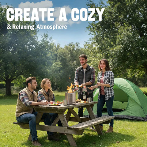 Group enjoying picnic with Tabletop Fire Pit Portable Smokeless Camping Stove 9.5 X 8.6 Inch Stainless Steel Fire Pit by green tent.