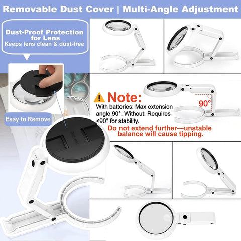Lighted Desk Magnifier With Stand And Foldable Arm, 3.5x Primary Lens Plus 10x Loupe, LED Brightness Adjustable, multiple views.