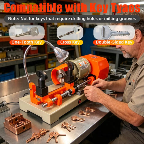 Heavy Duty Metal Cutter 110V for hardware stores with brass motor polishing brush and fine needle guide in use on keys