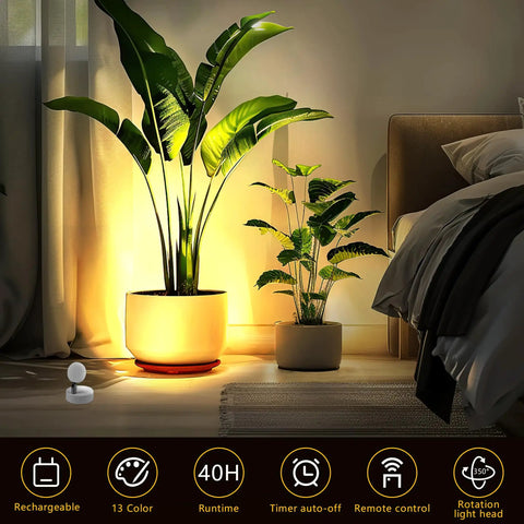 2 Pack Rechargeable LED Spotlight Kit For Indoor Use With Wireless RGB Color Lighting illuminating plants by bed with remote control.