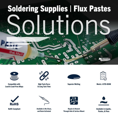 No Clean Flux Paste 8341 10ml with pneumatic dispenser shown in use on circuit board for soldering touch-ups.