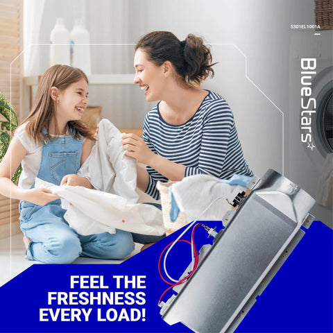 Mother and daughter doing laundry with Easy Install Dryer Heating Element Assembly For LG Dryers Replacement 5301EL1001A in foreground.