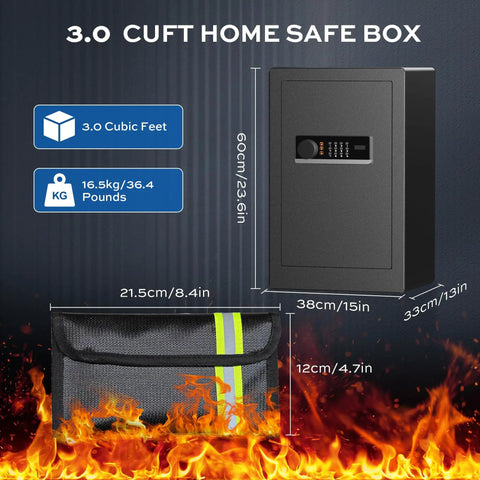 Heavy Duty Steel Home Safe Box 3.0 Cu Ft With LED Light, 6 Locking Bolts, Electronic Fireproof Safe dimensions with fireproof bag
