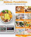 Digital Kitchen Scale With 10Kg Capacity, Stainless Steel Platform, Tare Function, displaying a colorful salad in white finish