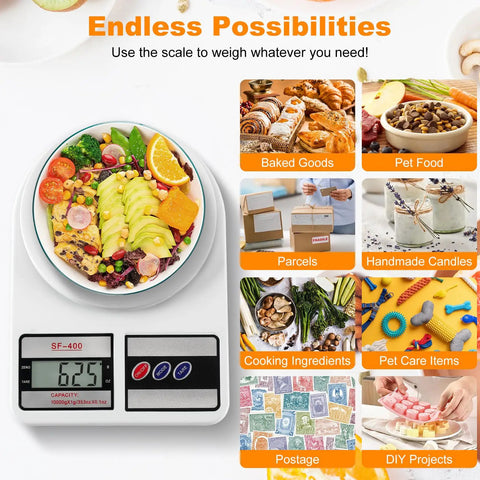 Digital Kitchen Scale With 10Kg Capacity, Stainless Steel Platform, Tare Function, displaying a colorful salad in white finish