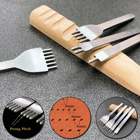 Leather Stitching Punch Kit With White Steel Prongs 5mm Pitch shown with multiple heads on a textured surface