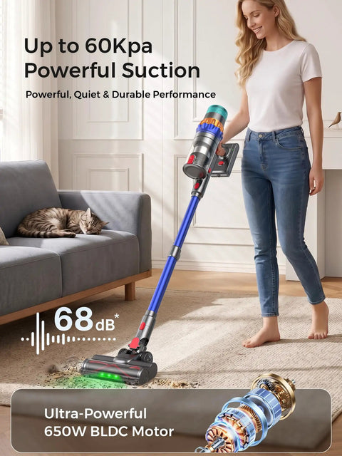 Woman using Badass Cordless Vacuum Cleaner With Smart Auto Mode Packs Serious 650W Brushless Motor And Heavy 60KPa Suction on carpet.
