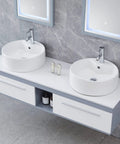 Dual setup of 18.3x18.3x6.3 Inch Round White Ceramic Vessel Sink With Faucet And Pop Up Drain on a sleek marble vanity.