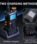 Tri Band Ham Radio 5W Two Way Kit With 2600mAh Type C Battery UHF VHF NOAA FM Airband 1.25M Receiver showing charging methods