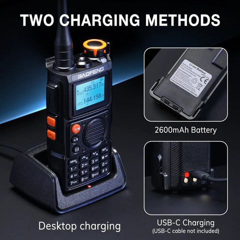 Tri Band Ham Radio 5W Two Way Kit With 2600mAh Type C Battery UHF VHF NOAA FM Airband 1.25M Receiver showing charging methods
