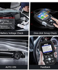 Mechanic using Volvo All Systems OBD2 Scanner to perform battery check, smog test, and diagnostics with user interface close-up.