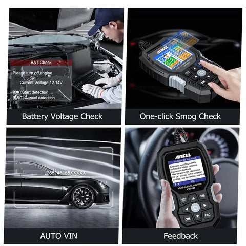 Mechanic using Volvo All Systems OBD2 Scanner to perform battery check, smog test, and diagnostics with user interface close-up.