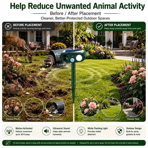 Solar Outdoor Animal Repeller 4 Pack Deer Squirrel Raccoon Cat Deterrent For Gardens And Lawns Keeps Rabbits Skunks Foxes Out Of Veg Patch Flower Beds And Yards, motion activated