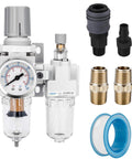 One Quarter Inch NPT Air Filter Regulator Lubricator Combo With Semi Auto Drain Poly Bowl Zero To One Hundred Fifty Psi Gauge Water And Oil Trap Separator Five Micron Brass Filter Element Eighteen SCFM At Ninety Psi Piggyback Three In One Dual Units with additional fittings and sealing tape.