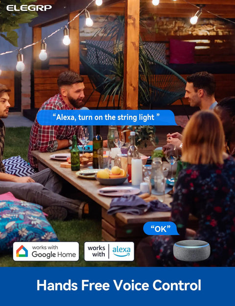 Group enjoying outdoor dining with string lights; Heavy Duty Outdoor Smart Plug IP66 Waterproof WiFi Outlet With Two Independently Controlled Sockets Built Tough For Patios And Decks Compatible With Alexa And Google Home.