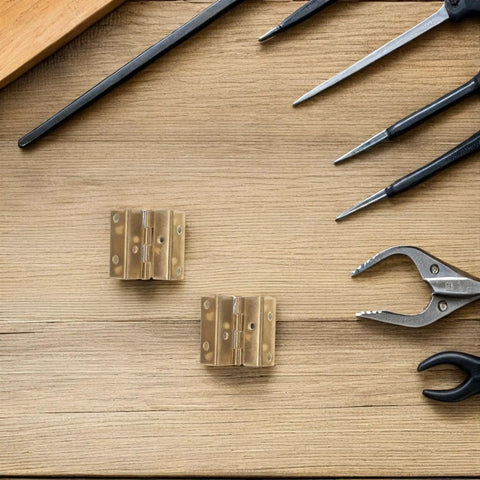 Heavy Duty Metal Cabinet Hinges for Corner Cabinets with 180 Degree Opening, hardware and tools on wood surface