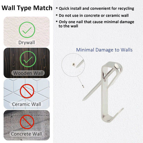 Wall type compatibility chart with drywall, wooden, ceramic, and concrete surfaces for 136 Pcs Picture Hangers Kit With 5 Size Hooks 10Lb 20Lb 30Lb 50Lb 100Lb Nails And Handy Storage Case For Drywall And Wooden Walls All In One Heavy Duty Metal Hanger Set For Framed Art Photos And Gallery Walls