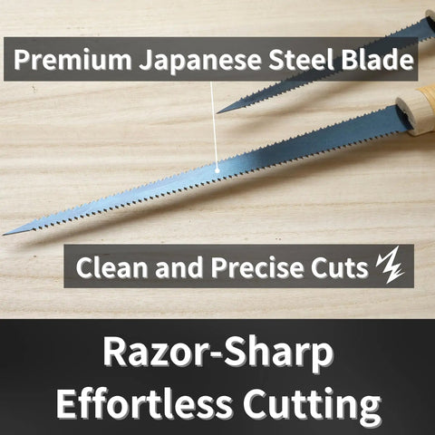 Close-up of Zero Hassle Japanese Pull Saw Keyhole Blade 4 3/4 Inch Ryoba Double Edge Handsaw showing premium steel for clean cuts.