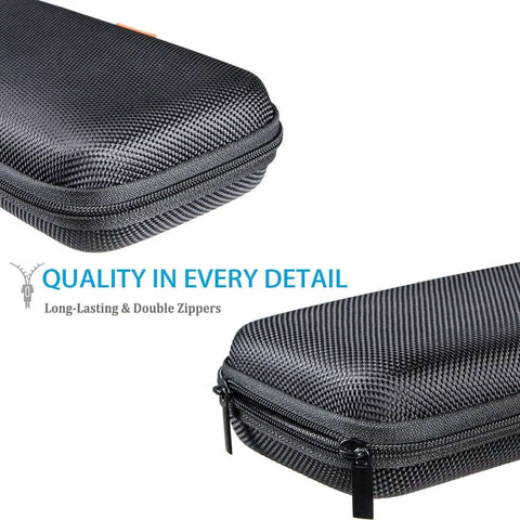 Premium Hella Tough Hard Eva Protective Travel Pouch With Slick Mesh Pocket Black Go Anywhere Heavy Duty Carry Case For Power Banks Phones And External Drives showing textured exterior and double zippers.