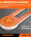 Jorgensen 7-inch aluminum miter saw protractor with laser-etched scales, orange color, top view