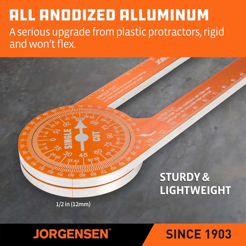 Jorgensen 7-inch aluminum miter saw protractor with laser-etched scales, orange color, top view