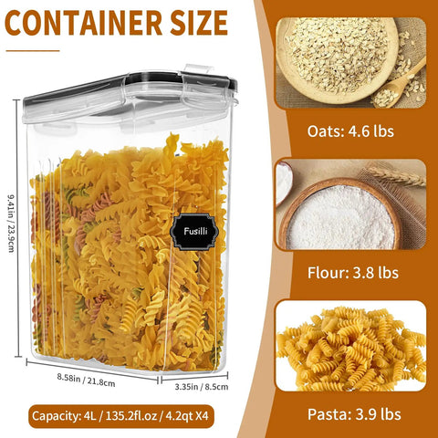 Clear 4L container with lid holding fusilli, featuring capacity measurements; 4L Cereal Storage Set With Airtight Containers And Lids