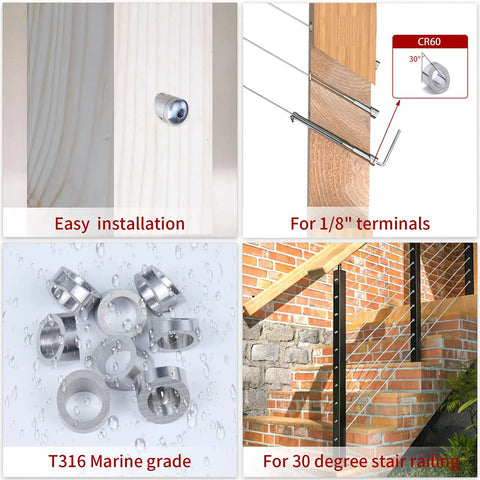 Collage showing Twenty Pack Beveled Angle Washers For Cable Railing Three Eighths Inch Inner Diameter Stainless Steel T316 With 25 30 35 Degree Angles For One Eighth Inch Cable Five Thirty Seconds Inch Cable And Three Sixteenths Inch Cable Hardware Kit CR60 in installation examples