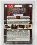 Packaging of 12 Piece Wood Repair Kit with Markers and Wax Crayons for scratches and stains on furniture, blends with wood finishes.
