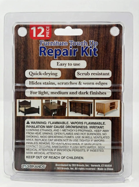 Packaging of 12 Piece Wood Repair Kit with Markers and Wax Crayons for scratches and stains on furniture, blends with wood finishes.