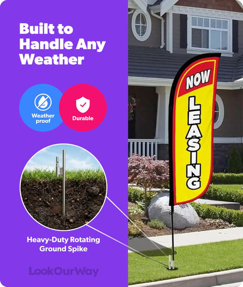 Now Leasing Real Estate Feather Flag Pole Kit 5 Foot Tall Marketing Flags 3 Pack with poles and ground spikes outside a house