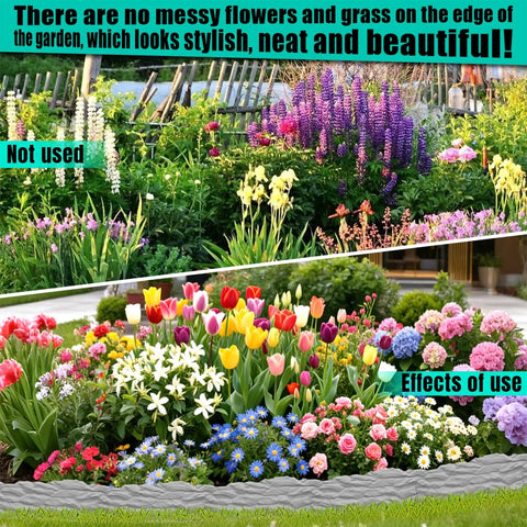Comparison of flower beds with and without Interlocking Garden Edging Border Kit With Spikes, 20 Ft Of Durable Plastic Lawn Edging.