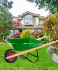 Wood Replacement Wheelbarrow Handles Kit With 304 Stainless Nuts And Bolts, shown on a green wheelbarrow in a garden setting.