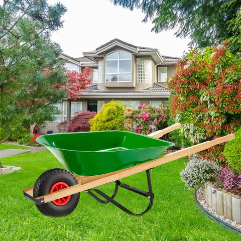 Wood Replacement Wheelbarrow Handles Kit With 304 Stainless Nuts And Bolts, shown on a green wheelbarrow in a garden setting.