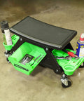 Heavy Duty Rolling Workbench And Creeper Seat For Auto Repair, green and black mechanics stool with storage and tool trays.