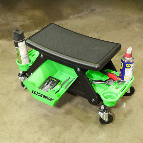 Heavy Duty Rolling Workbench And Creeper Seat For Auto Repair, green and black mechanics stool with storage and tool trays.